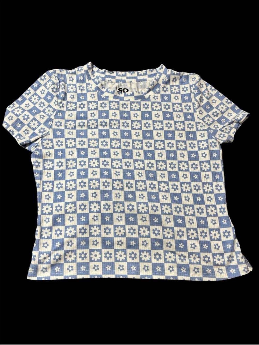 SO Juniors Blue White Checkered Floral Short Sleeve T Shirt Back Tie XL